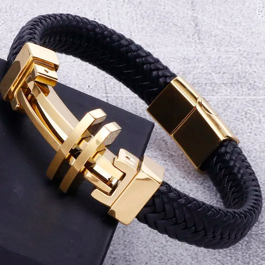 11MM Braided Leather Man Bracelet For Men Gold Color Stainless Steel Men's Charm Cross Bracelets Handmade Hand Bands