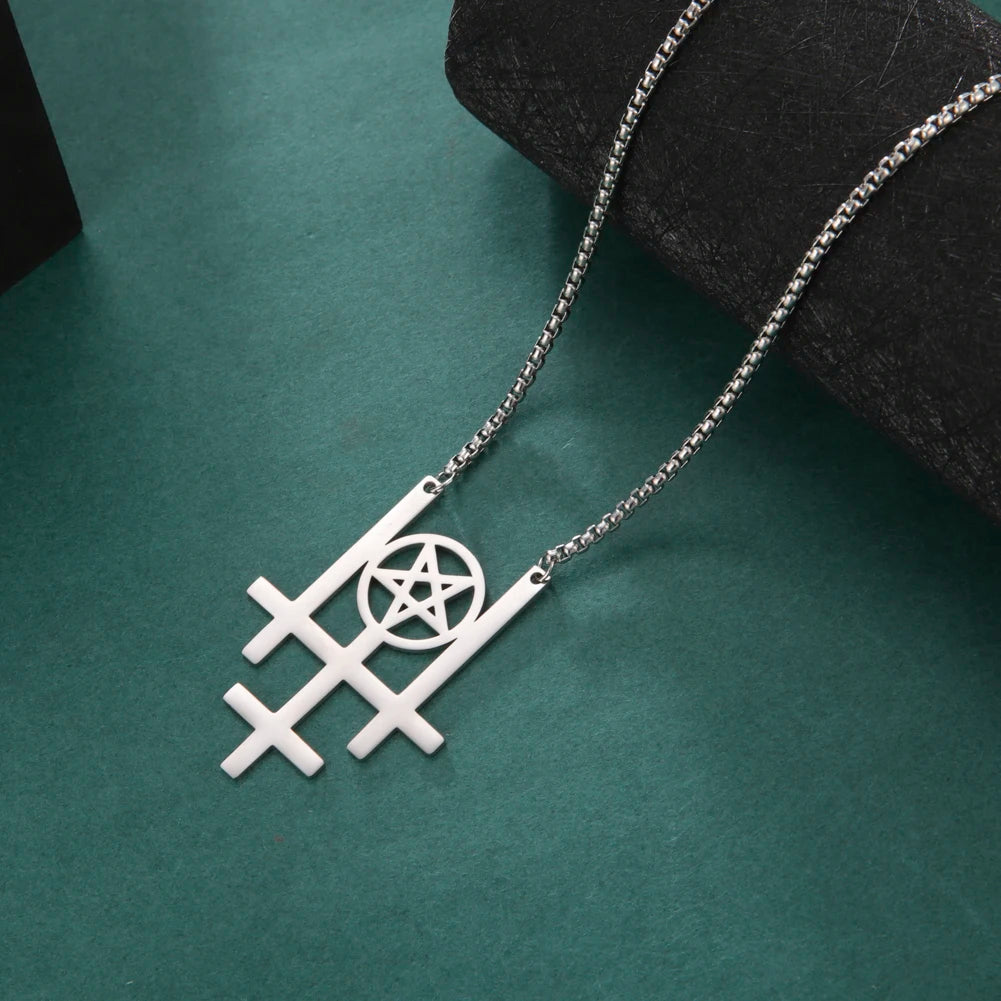 Triple Inverted Cross Pendant Necklace — Stainless Steel