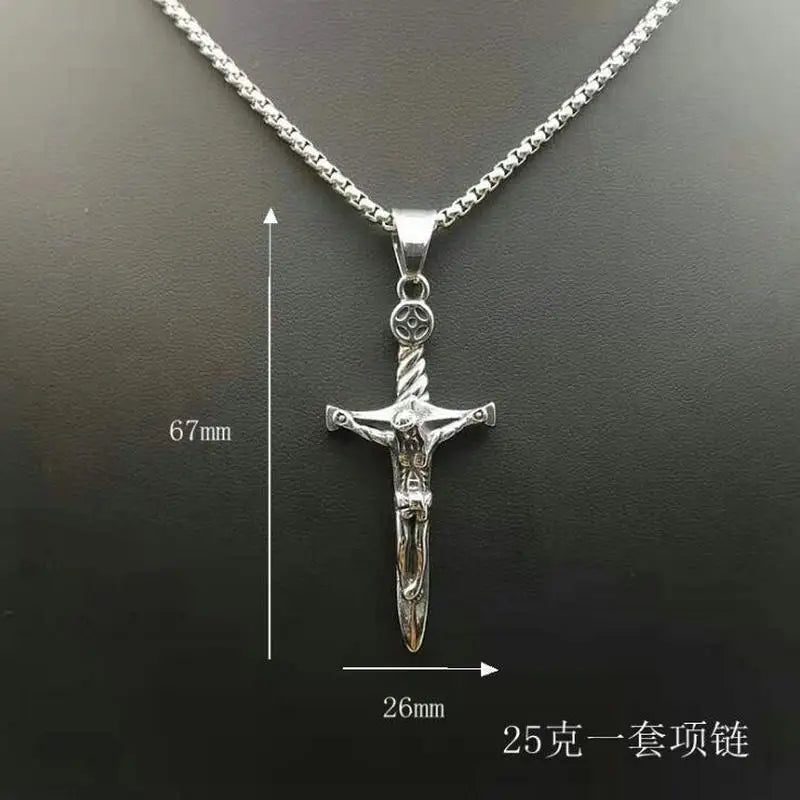 European and American retro punk religious jewelry Stainless steel cast catholic jesus and sword cross pendant