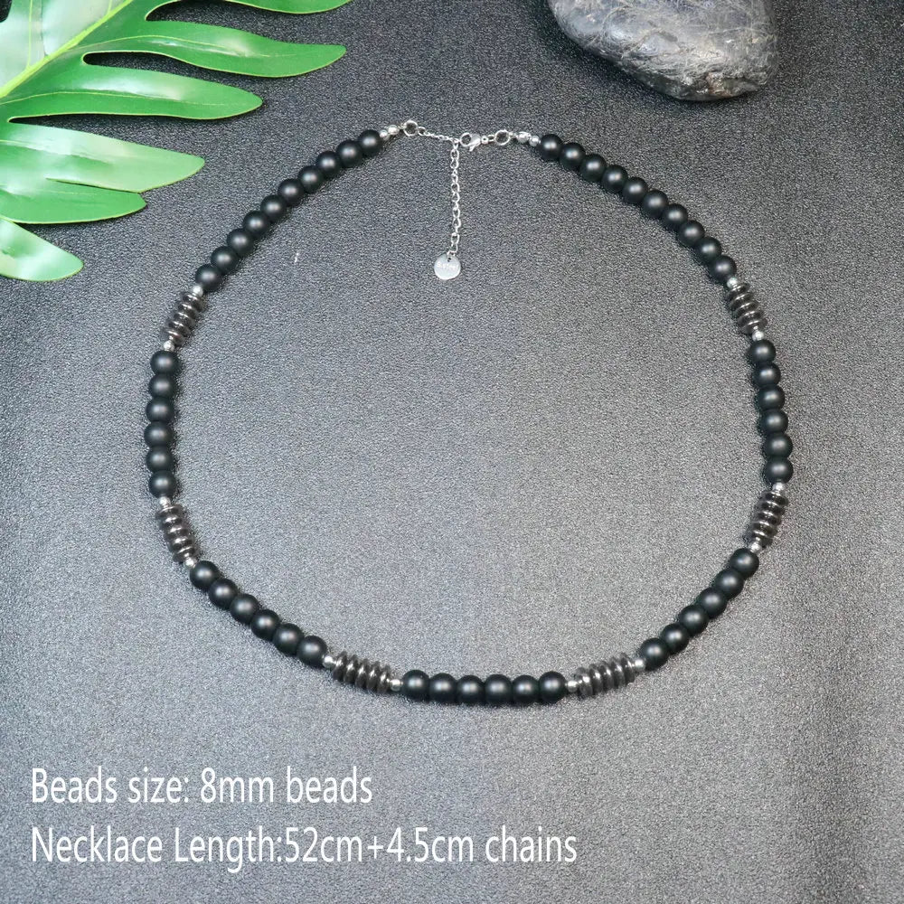 Tiger Eye Black Obsidian Rosary Cross Necklace — Black-Tone, 8mm
