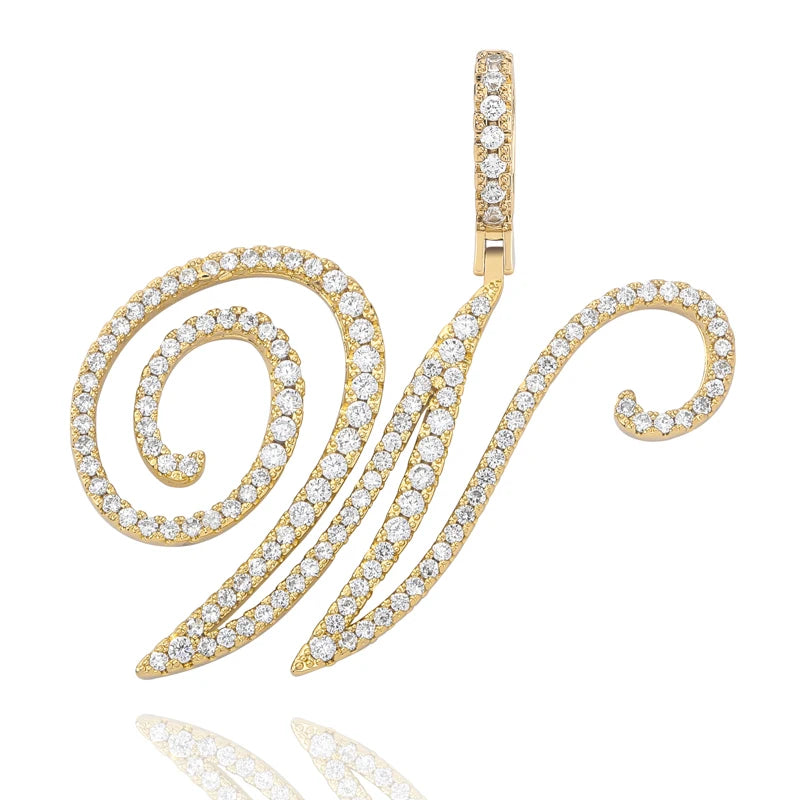 TOPGRILLZ New A-Z Cursive Letters Name Pendant&Necklace Iced Out Cubic Zircon Gold Silver Color Charm  Hip Hop Jewelry