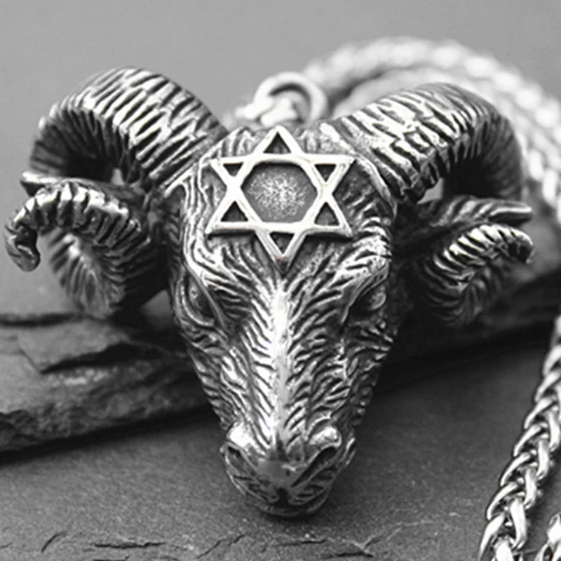 Horned Skull Hexagram Satan Pendant Necklace — Stainless Steel