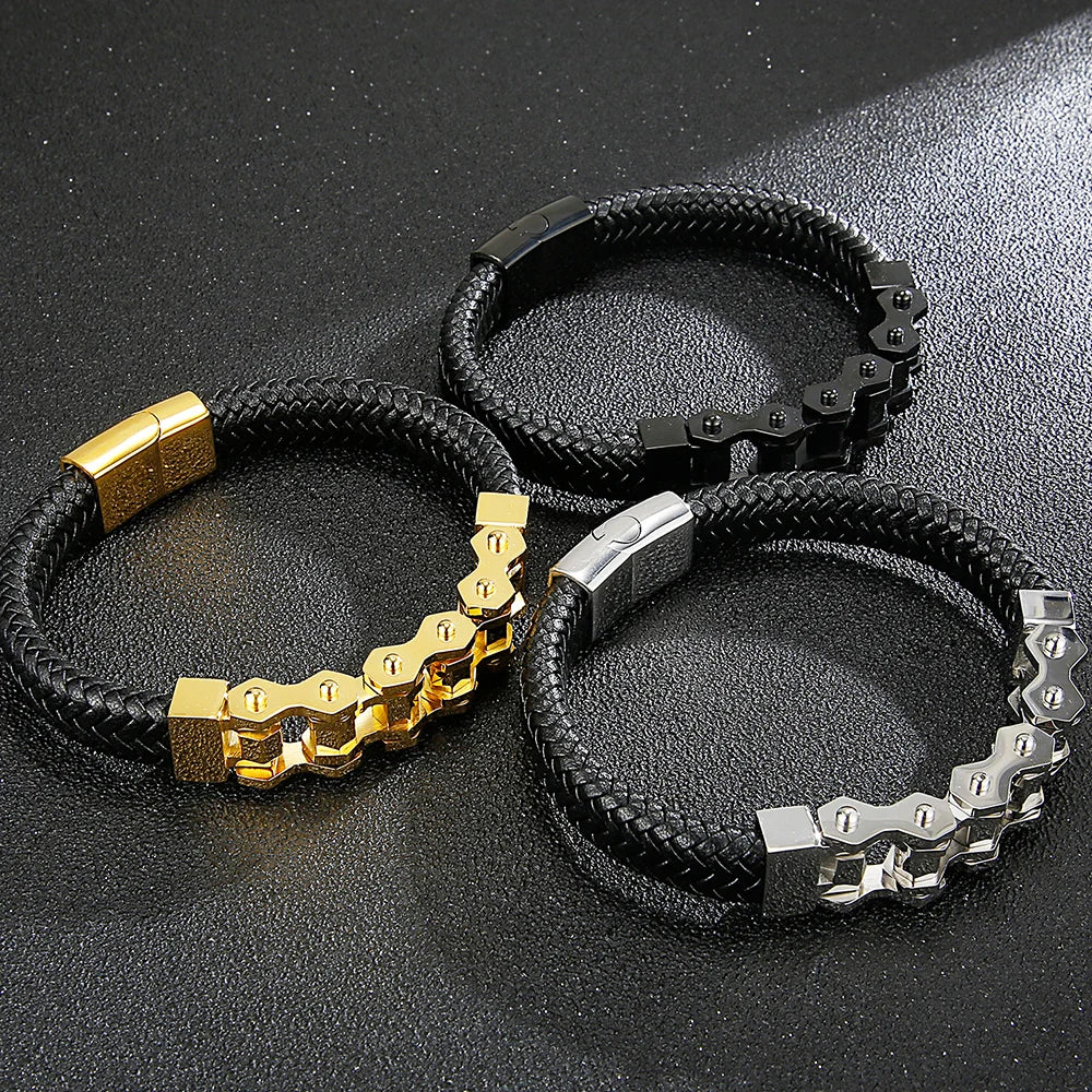 Stainless Steel Bikers Motorcycle Bike Chain Man Bracelet for Men Braided Leather Cuff Wrap Wristband Bangle With