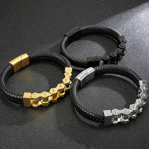 Stainless Steel Bikers Motorcycle Bike Chain Man Bracelet for Men Braided Leather Cuff Wrap Wristband Bangle With