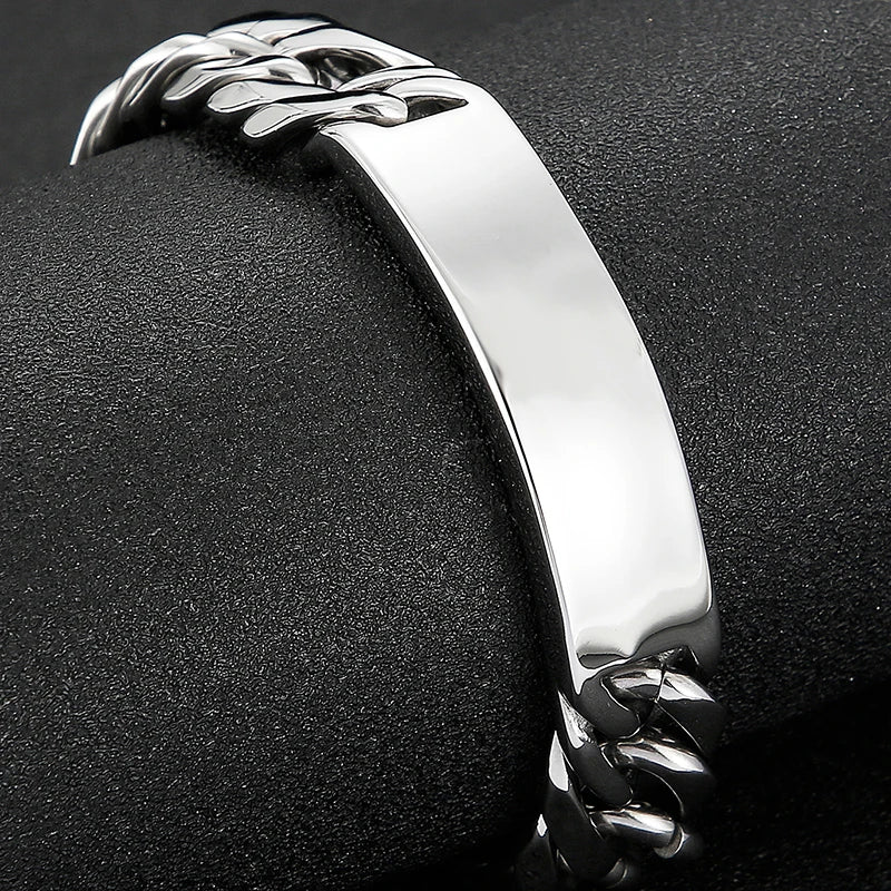 Name Bar ID Bracelet for Men Stainless Steel Cuban Curb Link Chain Customized Logo Engraved Men's Wrist Bracelets