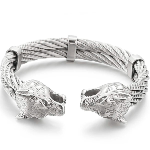 Gothic Gold Color Stainless Steel Wolf Lion Head Open Bangle Cuff Bracelet For Man Men's Boys On Hand Jewellery