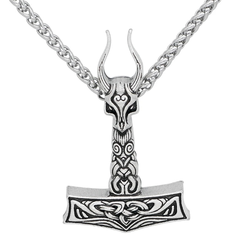 Viking Thor Hammer Ram Head Pendant Necklace — Silver-Tone