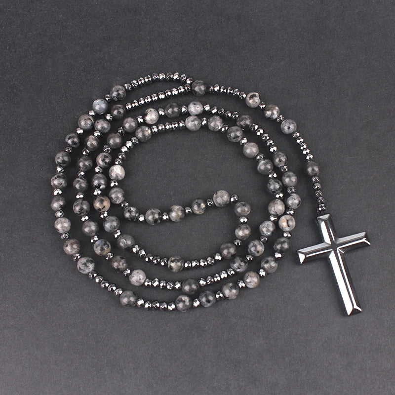 Tiger Eye Lapis Spectrolite Rosary Cross Necklace — Black-Tone