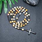 Tiger Eye Black Obsidian Rosary Cross Necklace — Black-Tone, 8mm
