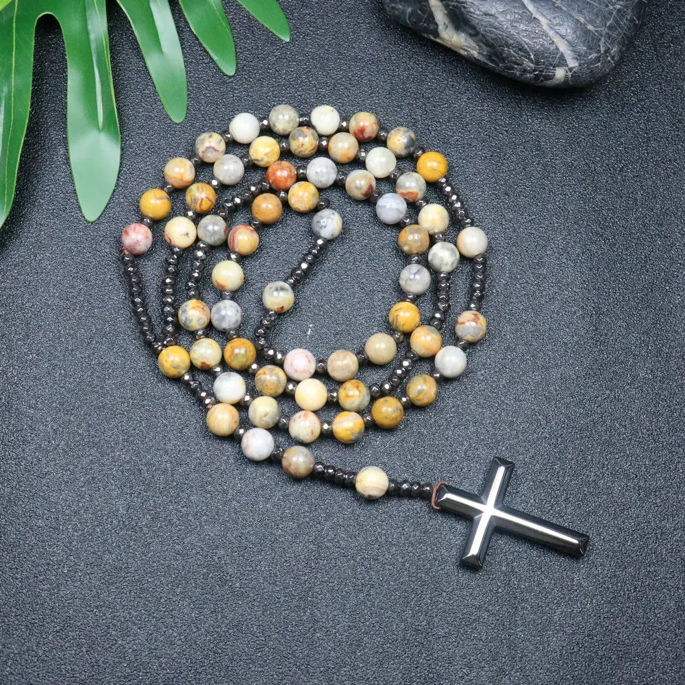 Rosary Necklace For Men Women 8mm Tiger Eye Black Obsidian Beads Necklace Christ Buddhist Meditation Cross Necklace Jewelry