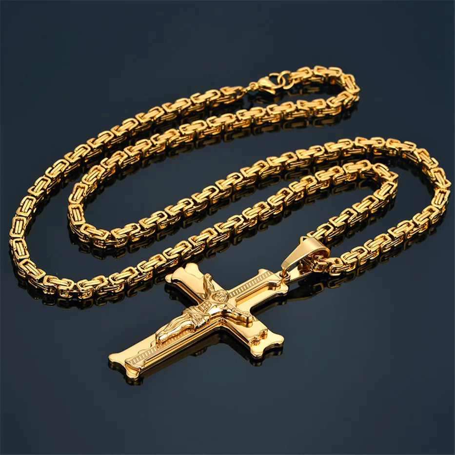Fashion Byzantine Chain,Christ Cross Stainless Steel Long Necklace for Men Gold Color Statement Necklace Jewelry