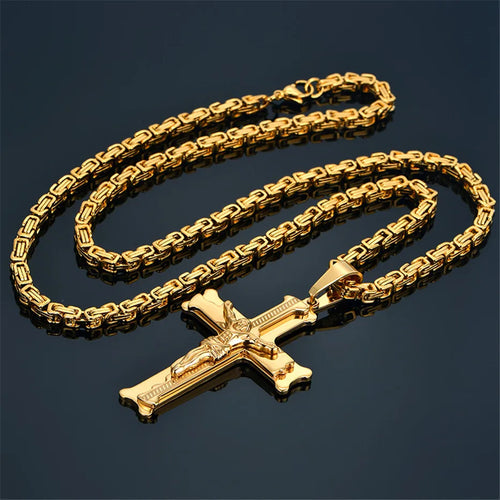 Byzantine Chain Christ Cross Necklace — Gold-Tone Stainless Steel