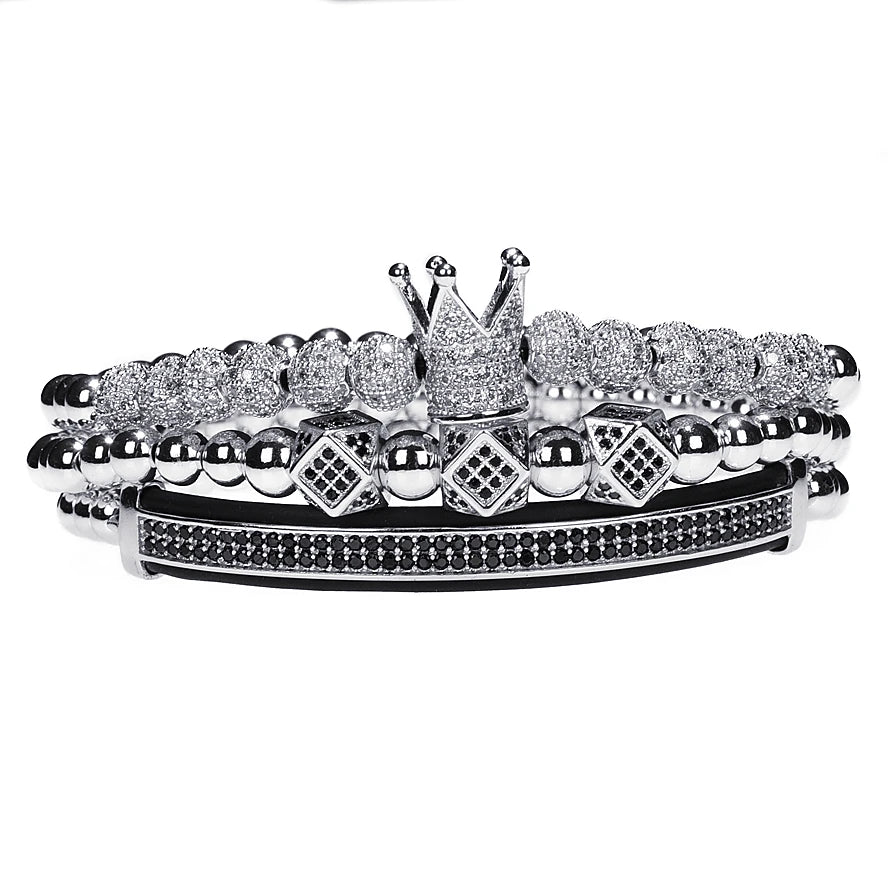 3pcs/Set Luxury Gold Color Beads Royal King Crown Dice Charm CZ Ball Bracelet Mens Fashion Bracelets & Bangles Multi