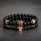 Luxury Men Stone Beads Skull Erkek Bileklik Bracelet Set Black CZ Crown Copper Bracelets For Women Pulseras Mujer