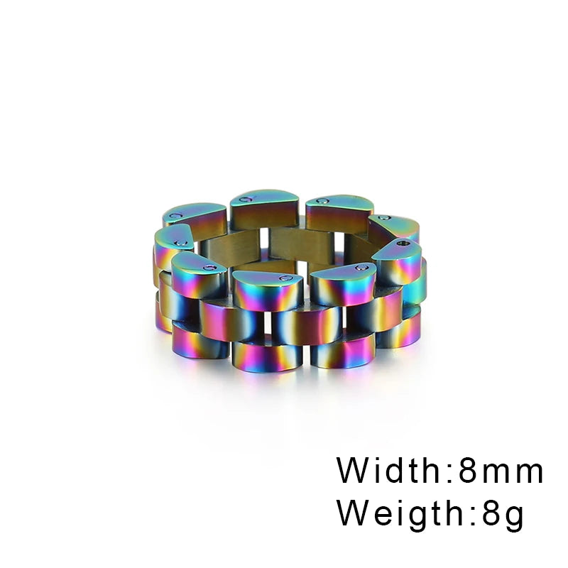 Fongten Retro Watch Link Chain Men Ring Stainless Steel Rock Biker Finger Men and Women Punk Couple Rings Fashion Jewelry Gift