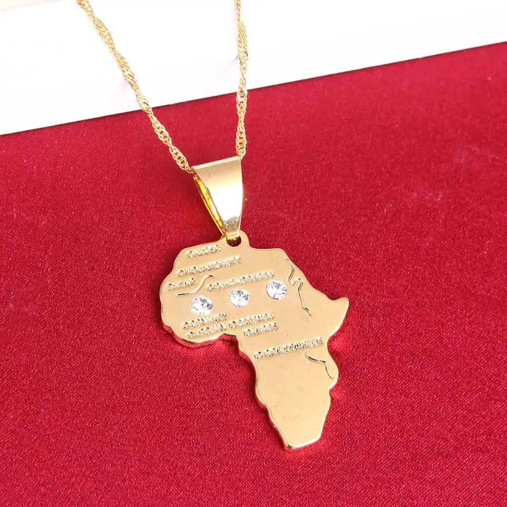 African Map Pendant Necklace — Gold-Tone, Engraved City Names
