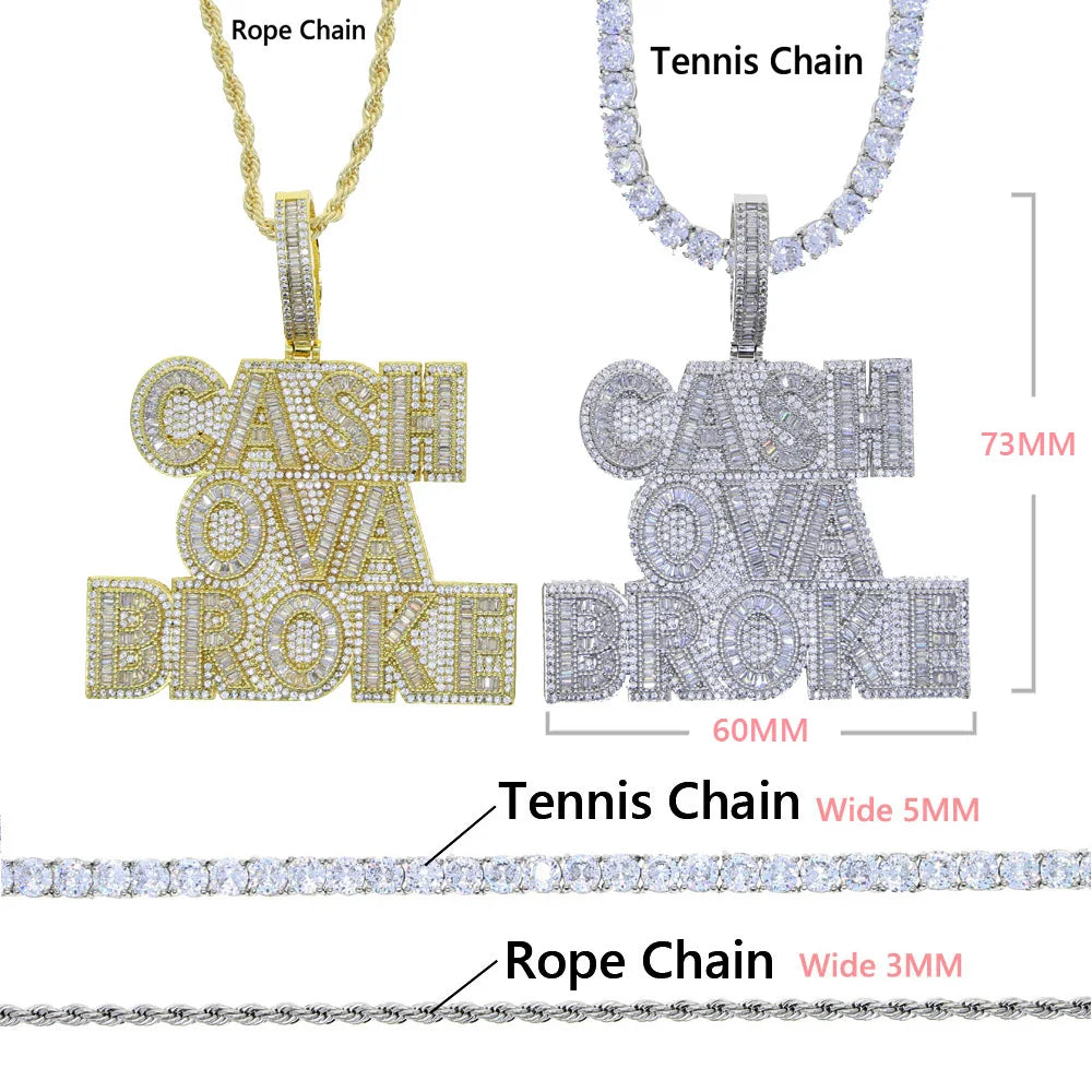 New Cash Ova Broke Pendant Necklace Hiphop Rock Iced Out Bling 5A Zircon Silver Color Cz Tennis Chain Letter Charm Men