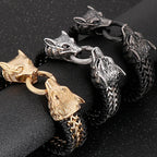 Vintage Double Wolf Lion Head Men's Bracelets Gothic 23CM Long Braided Genuine Leather & Stainless Steel Skull Bracelet