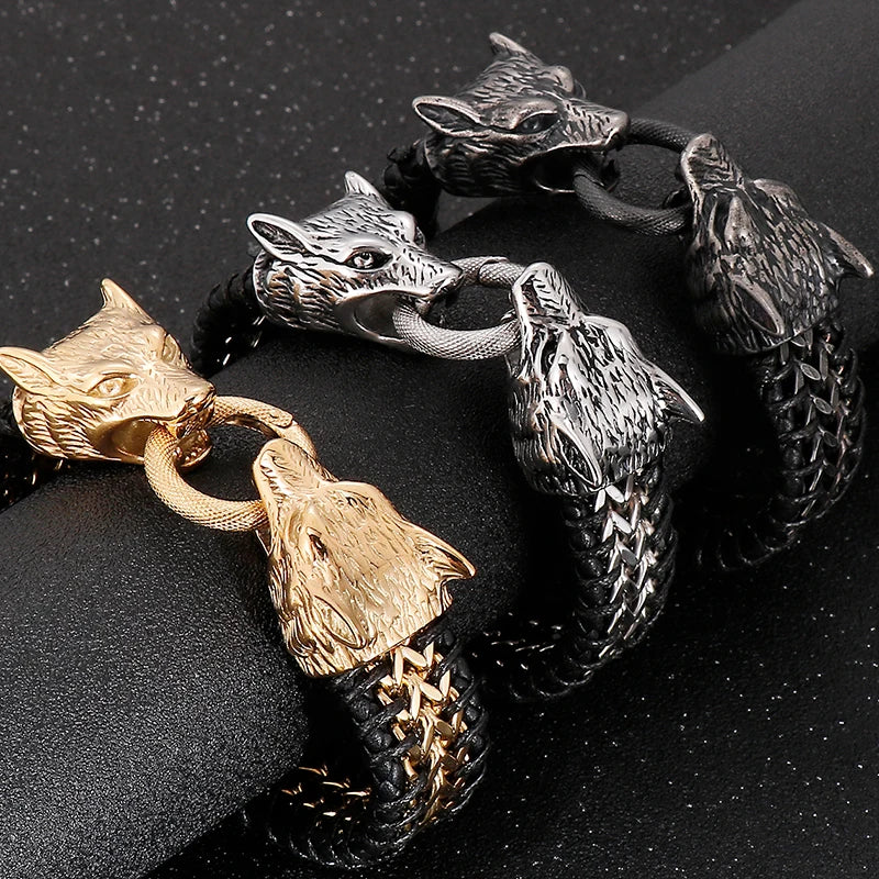 Vintage Double Wolf Lion Head Men's Bracelets Gothic 23CM Long Braided Genuine Leather & Stainless Steel Skull Bracelet