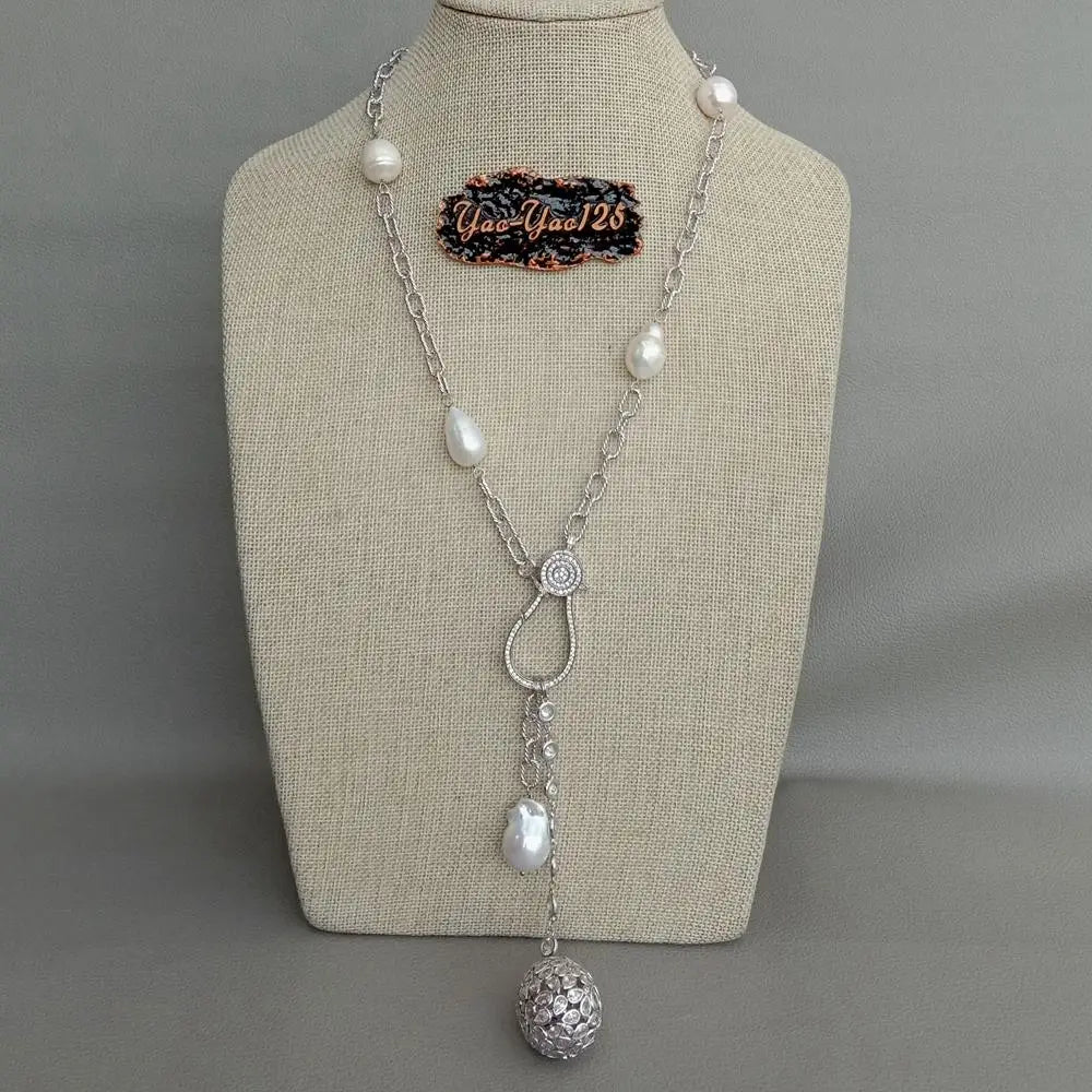 Iced Pearl Teardrop Pendant Necklace — 22"