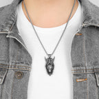 Long Horn Demon Skull Pendant Necklace — Stainless
