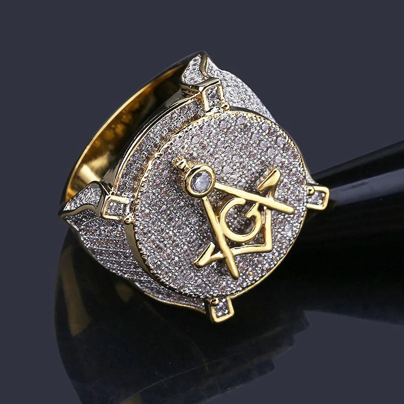 Hip Hop Micro Pave AAA Cubic Zirconia Bling Iced Out Freemasonry Masonic Rings for Men Rapper Jewelry Size 7-11