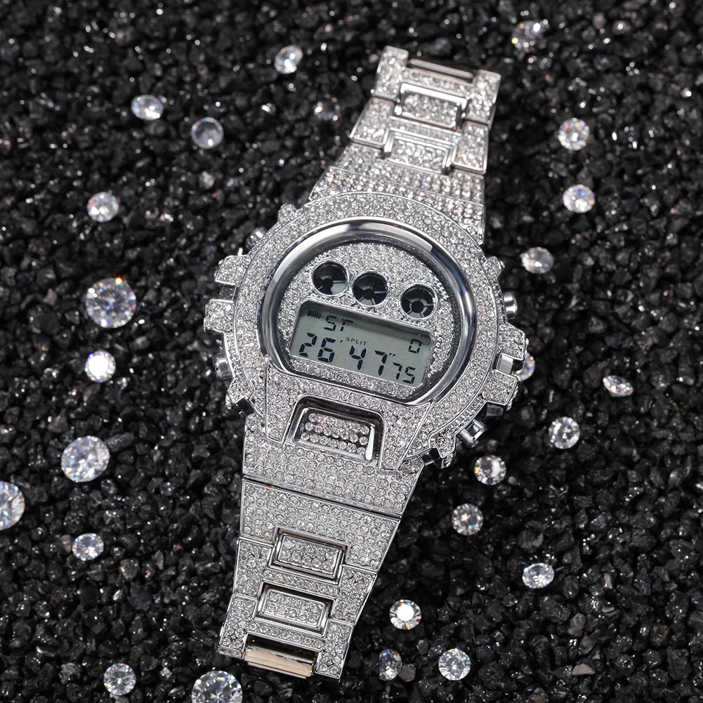 Hip Hop Full Iced Out Men Watches Stainless Steel Fashion Luxury Rhinestones Quartz Square Wristwatches Business Watch