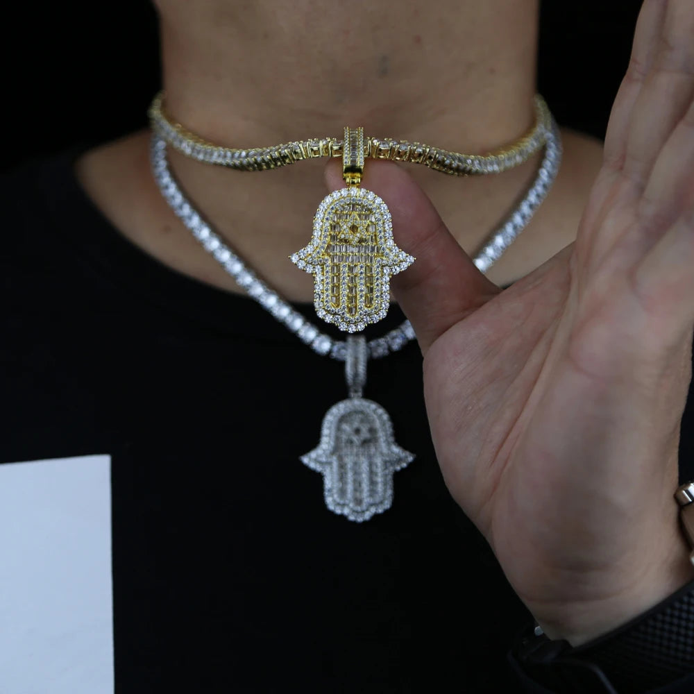 Iced Out Hamsa Hand Pendant Necklace Micro Pave Cubic Zirconia For Women Bling 5A CZ Box Chain Hip hop Boy Men Jewelry