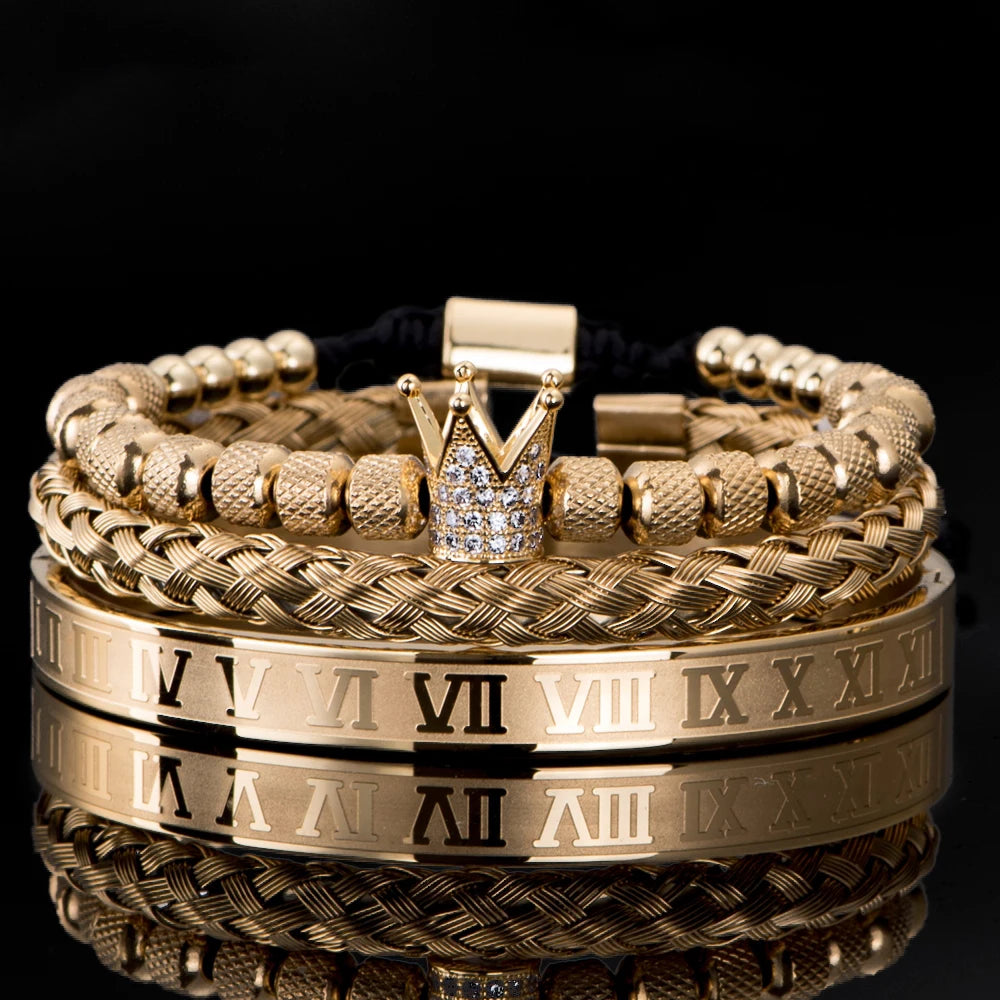 Luxury Micro Pave CZ Crown Roman Royal Charm Men Bracelets Stainless Steel Crystals Bangles Couple Jewelry Gift