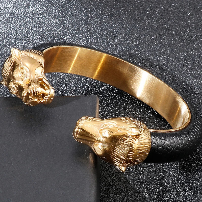 Gold Color Stainless Steel Lion Head Open Bangles For Men Elastic Adjustable Leather Bracelets Boys Hand Accessories