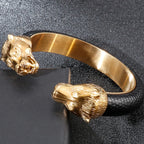 Gold Color Stainless Steel Lion Head Open Bangles For Men Elastic Adjustable Leather Bracelets Boys Hand Accessories