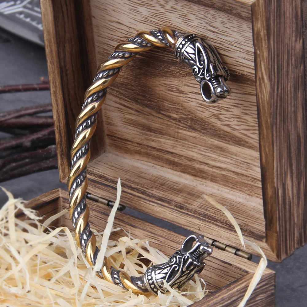Gray Color Stainless Steel Nordic Viking Norse Dragon Bracelet Men Wristband Cuff Bracelets with Viking Wooden Box