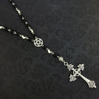 Trad Goth Pentagram Cross Rosary Beads Necklace — Silver-Tone