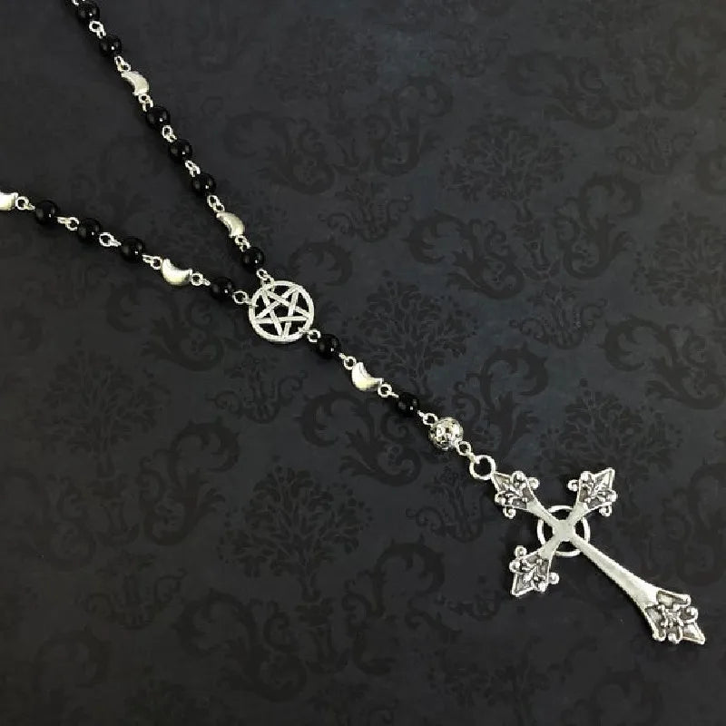 Rosary Necklace Prayer Beads Pentagram Beaded Trad Goth Cross Halloween Pendant Witcher Charm Goth Jewelry Creativity New