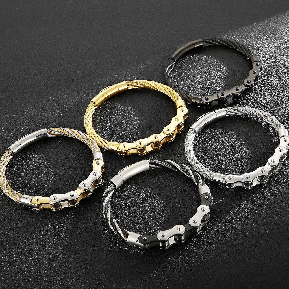 Black Stainless Steel Men's Bracelet Gold Color Handmade Braided Bicycle Motorcycle Chain Bracelets For Men Male Hand