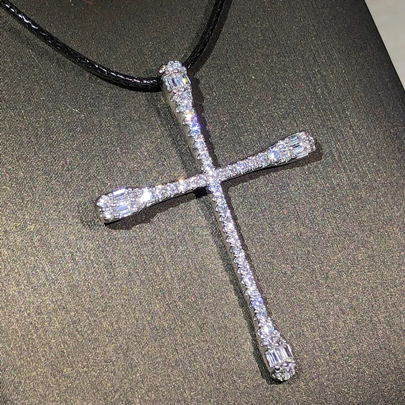 925 sterling silver classic fashion cross pendant necklace ladies white zircon party birthday sweater chain jewelry