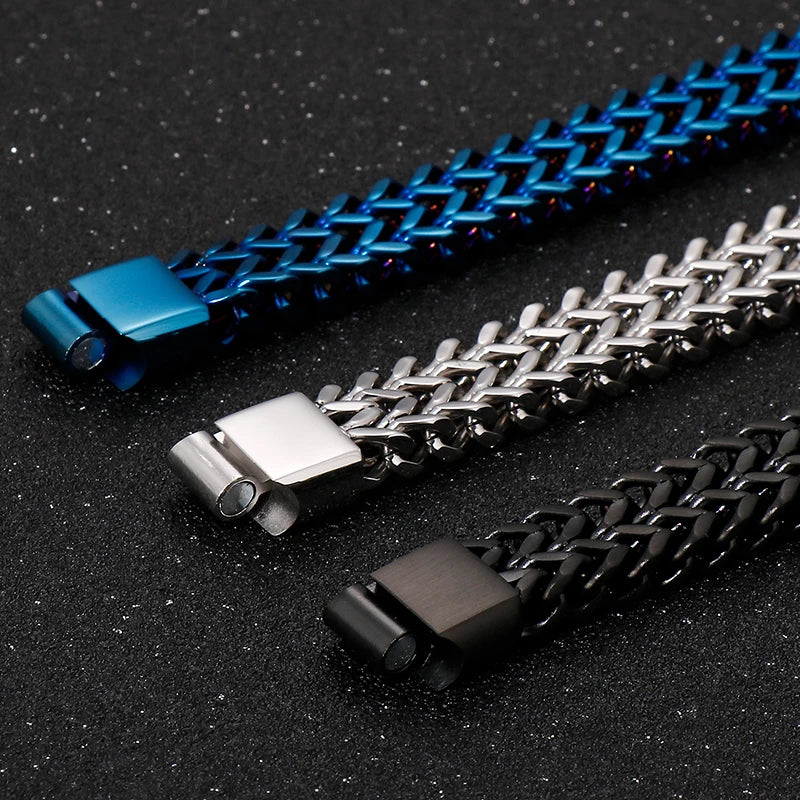 Mens 12MM Width Double Row Chain Wrist Bracelets 6 Color Stainless Steel Bracelet for Man Handles With Magnet Clasp