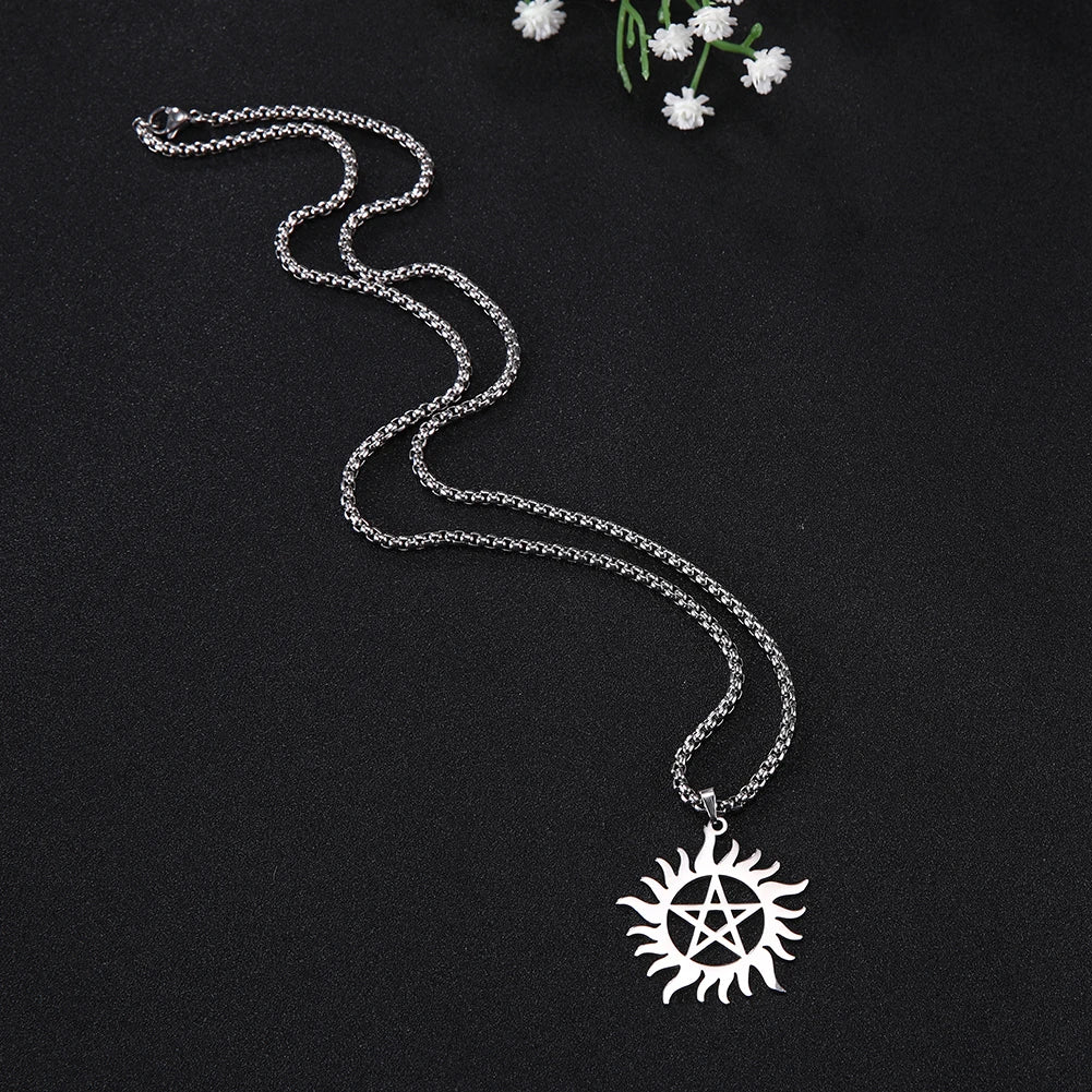 COOLTIME Supernatural Sun Pentagram Pendant Necklace for Women Men Stainless Steel Hollow Star  Box Chain Necklaces Couple Gifts