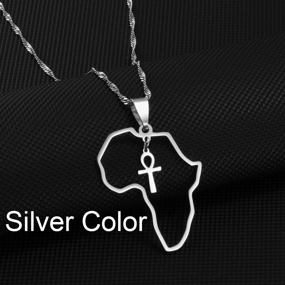 Egyptian Ankh Cross Africa Map Necklace — Stainless Steel