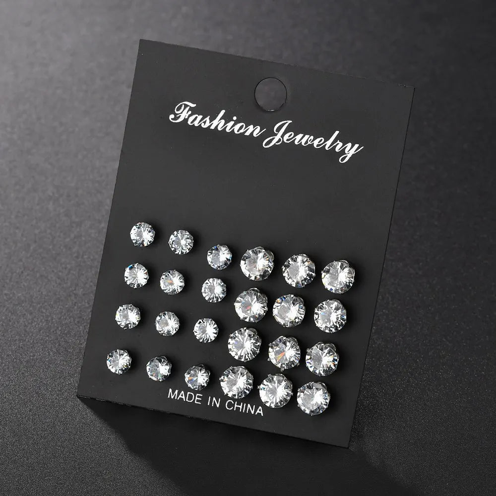 New 12 Pair/Pack White Shiny Wedding Stud Earrings Set For Women Men Crystal Jewelry Accessories Oorbellen Jewelry