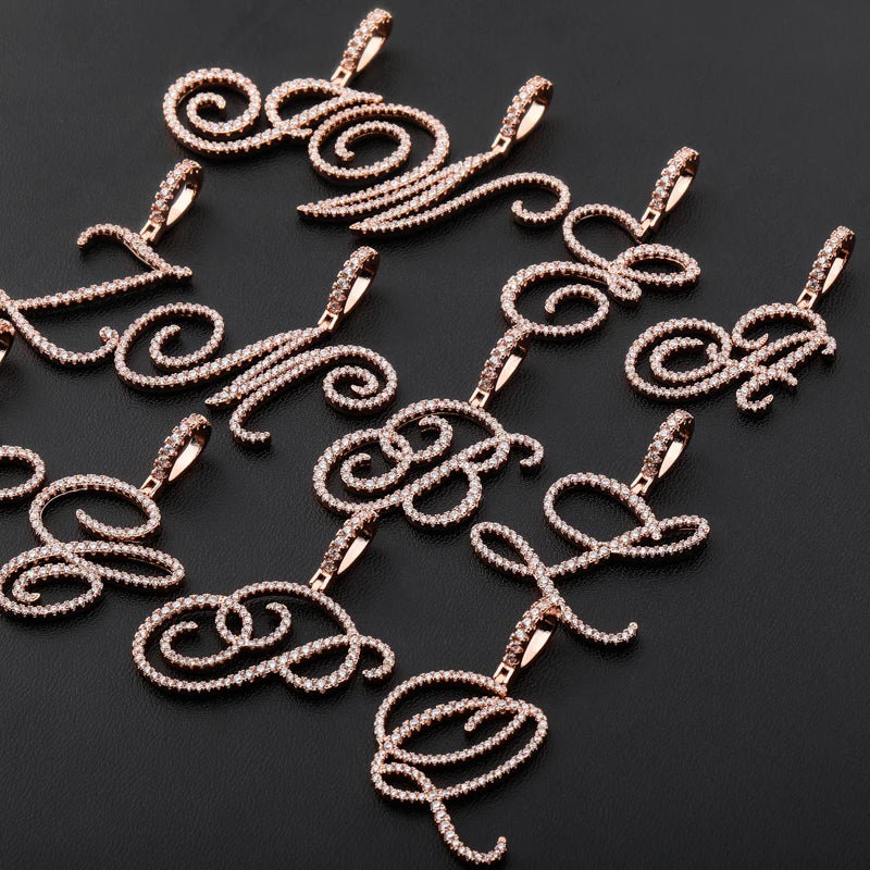 TOPGRILLZ New A-Z Cursive Letters Name Pendant&Necklace Iced Out Cubic Zircon Gold Silver Color Charm  Hip Hop Jewelry