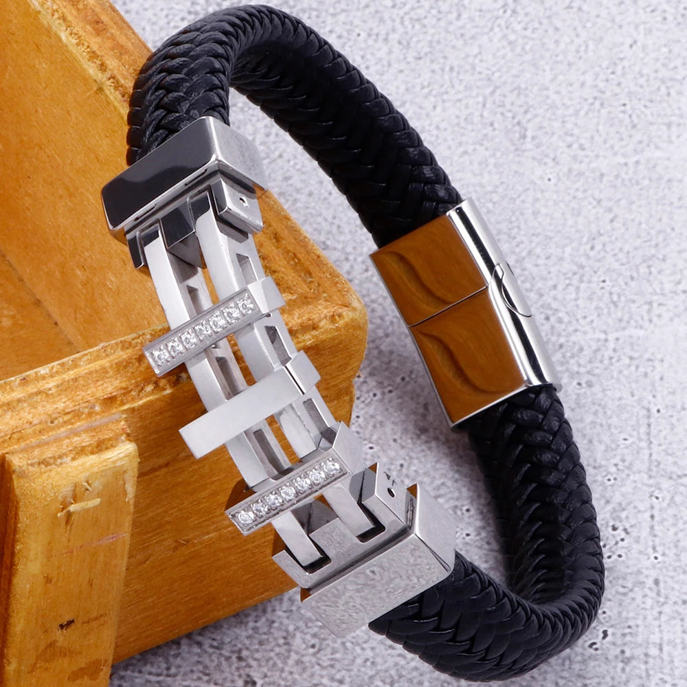 Rope Chain Wrap Leather Bracelet for Man Polished Stainless Steel Men's Charm Bracelets Handmade Male Jewelry Wrist On