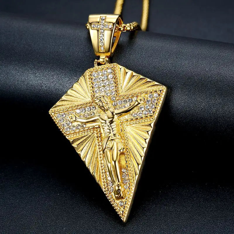 Men's Necklace Big Jesus Cross Pendant & Chain Mens Gold Color Stainless Steel Crucifix Necklaces Man Iced Out Bling