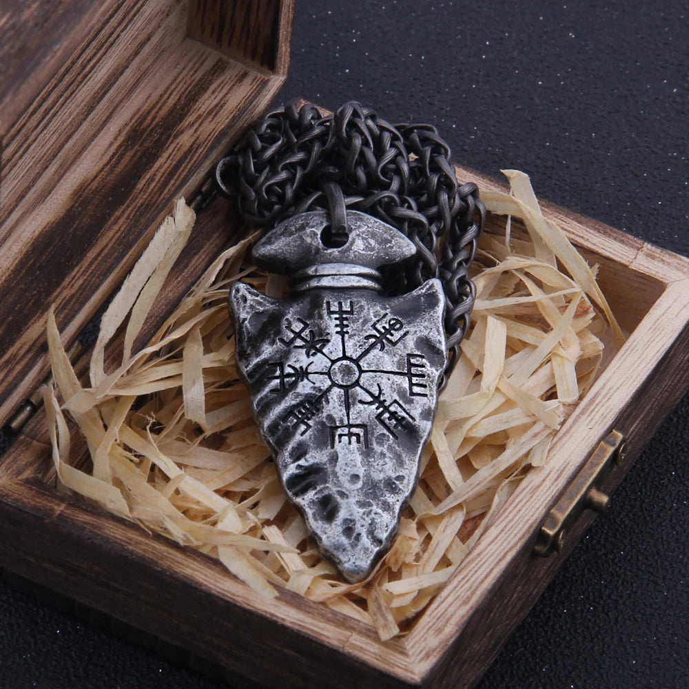 "Helm of Awe" and "Viking Vegvisir" Iron Color Viking spear Pendant Necklace with Stainless Steel Chain As Men Gift
