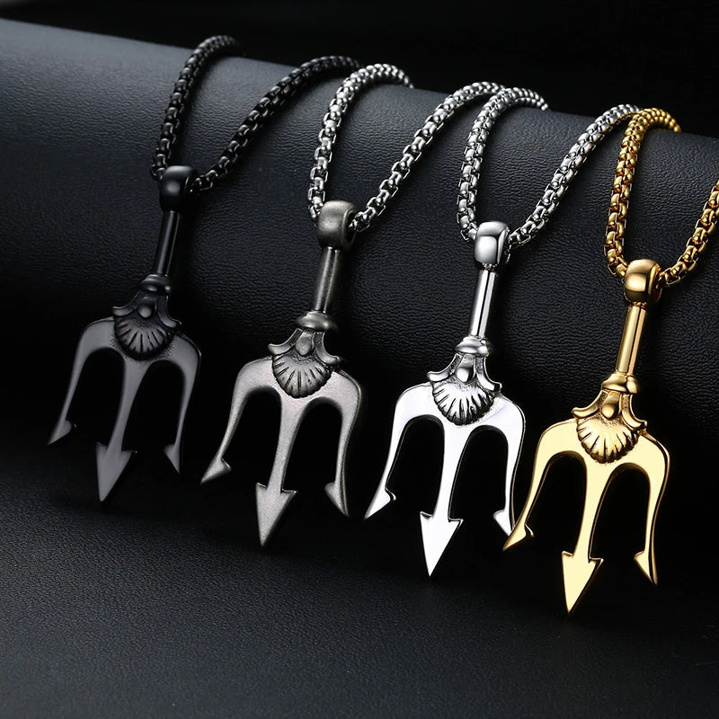Vintage Neptune Poseidon Trident Pendant Stainless Steel Ancient Greece Amulet Necklace Men Jewelry Gift for Sailor