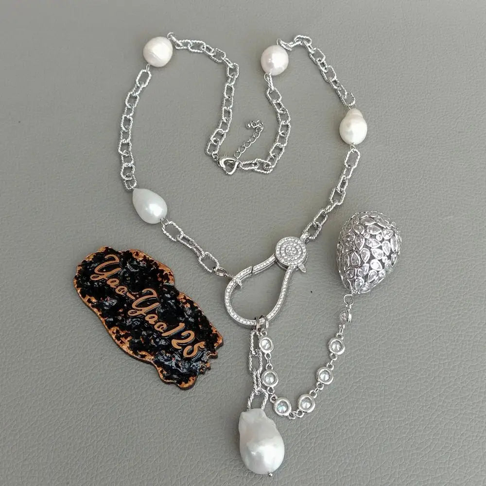 Iced Pearl Teardrop Pendant Necklace — 22"