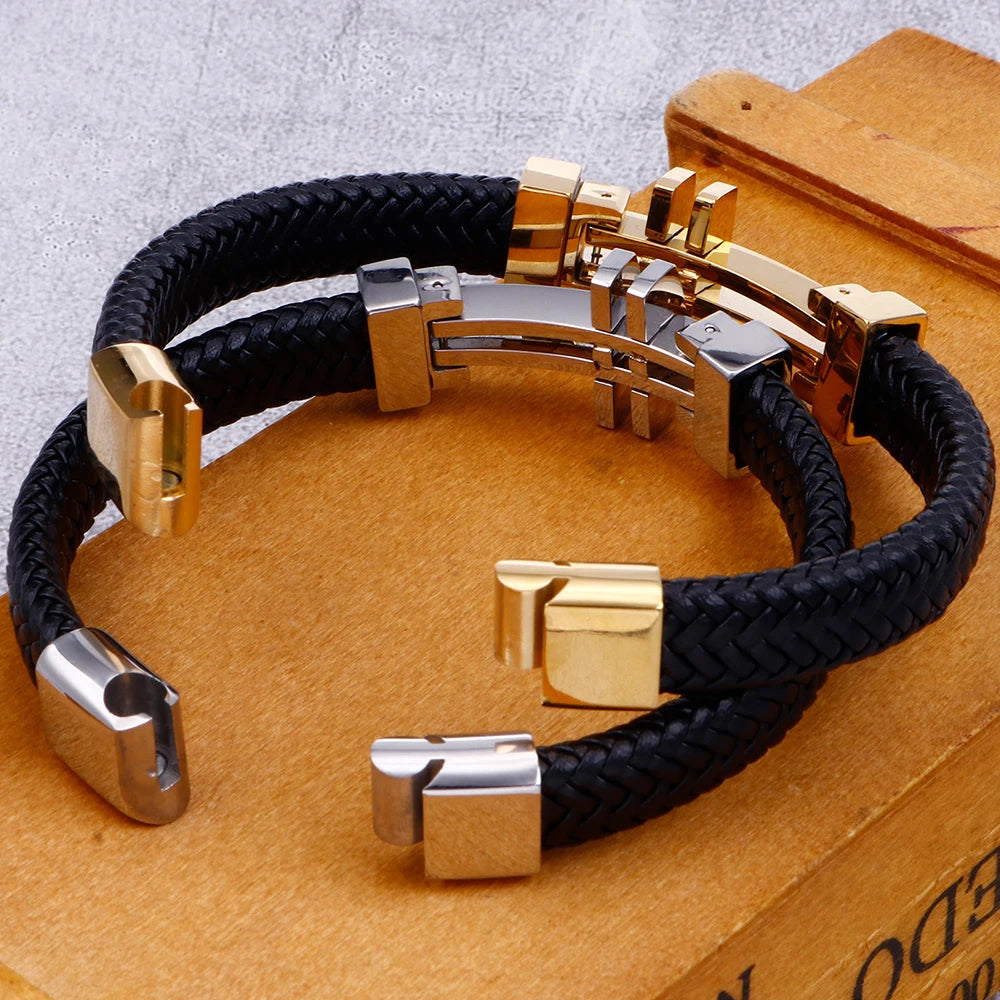 11MM Braided Leather Man Bracelet For Men Gold Color Stainless Steel Men's Charm Cross Bracelets Handmade Hand Bands