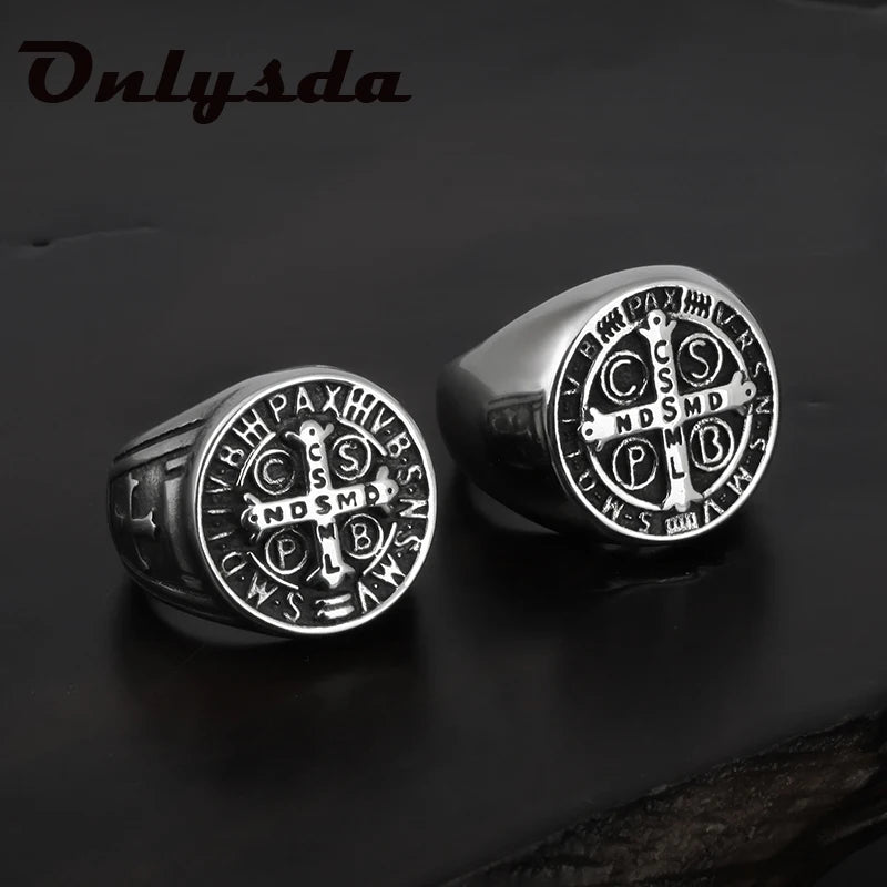 Saint Benedict Cross Men Rings Punk Hip Hop for Boyfriend Male Stainless Steel Jewelry Creativity Gift Wholesale