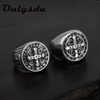 Saint Benedict Cross Men Rings Punk Hip Hop for Boyfriend Male Stainless Steel Jewelry Creativity Gift Wholesale