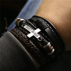 3 Pcs/Set Leather Bracelets Men Bangles For Women Wood Beads Feather TRUST IN GOD Cross Charm Homme Gift Jewelry Freely Shipping